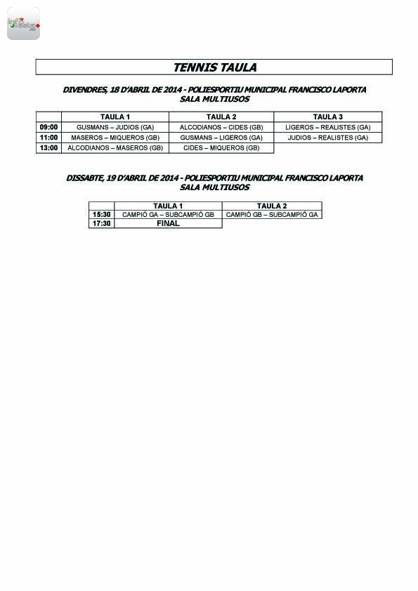 HORARIOS 2014 PER MODALITATS