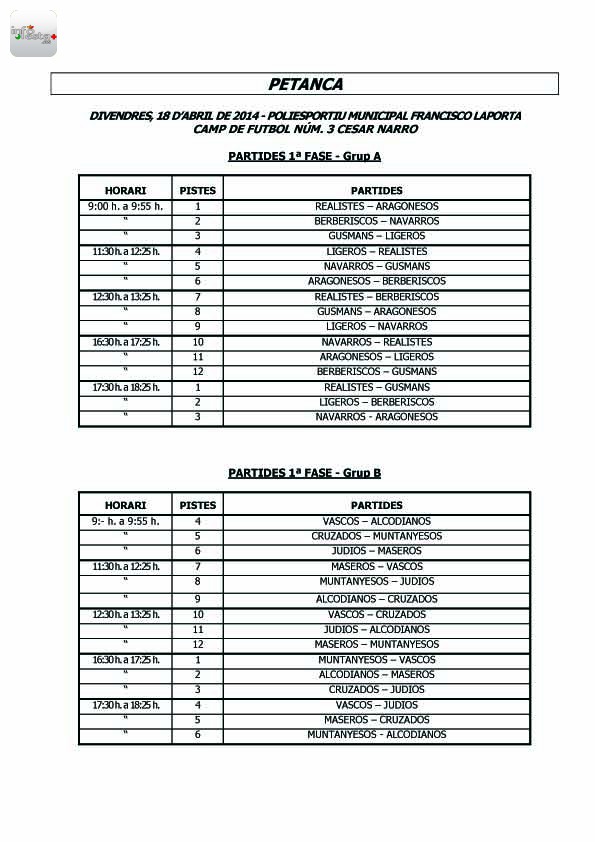 HORARIOS 2014 PER MODALITATS